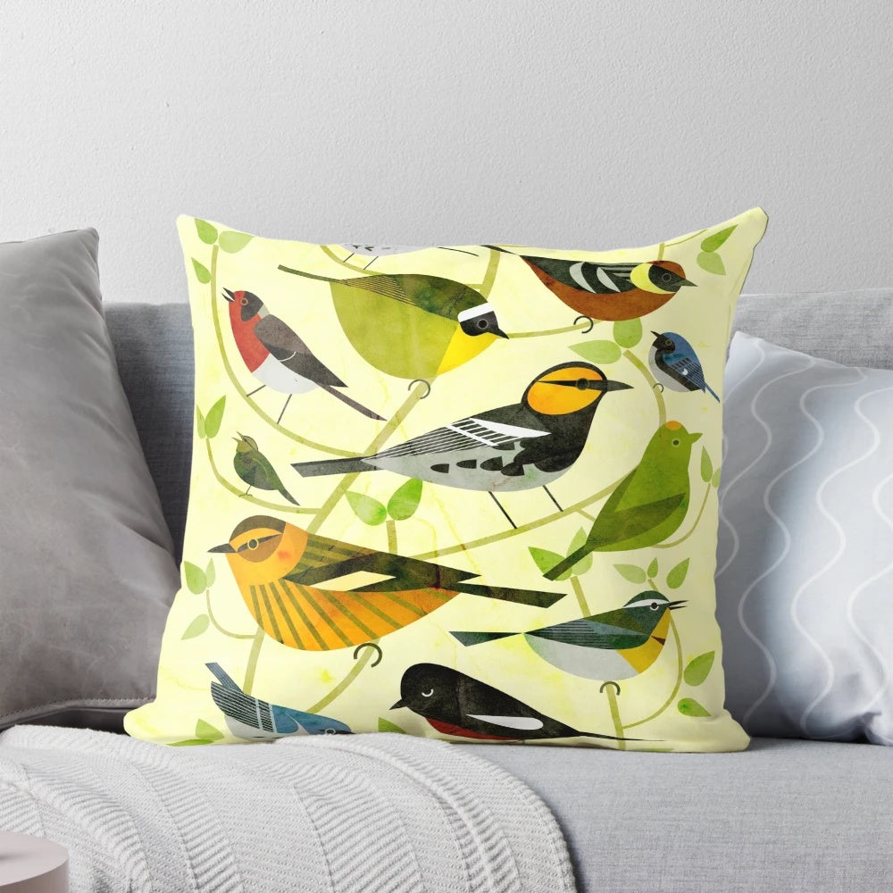 A colorful digital illustration of various New World warbler species on a decorative pillow.