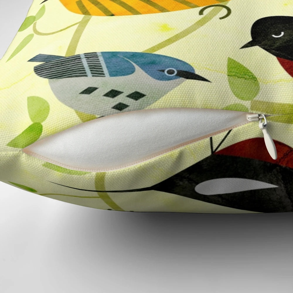 A colorful digital illustration of various New World warbler species on a decorative pillow.