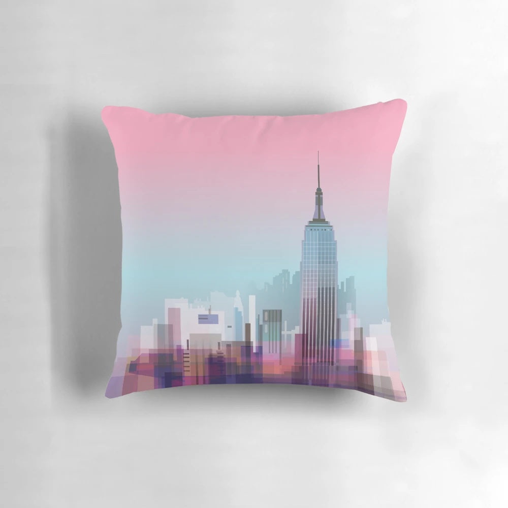 Colorful pillow featuring a vibrant landscape of New York City skyline
