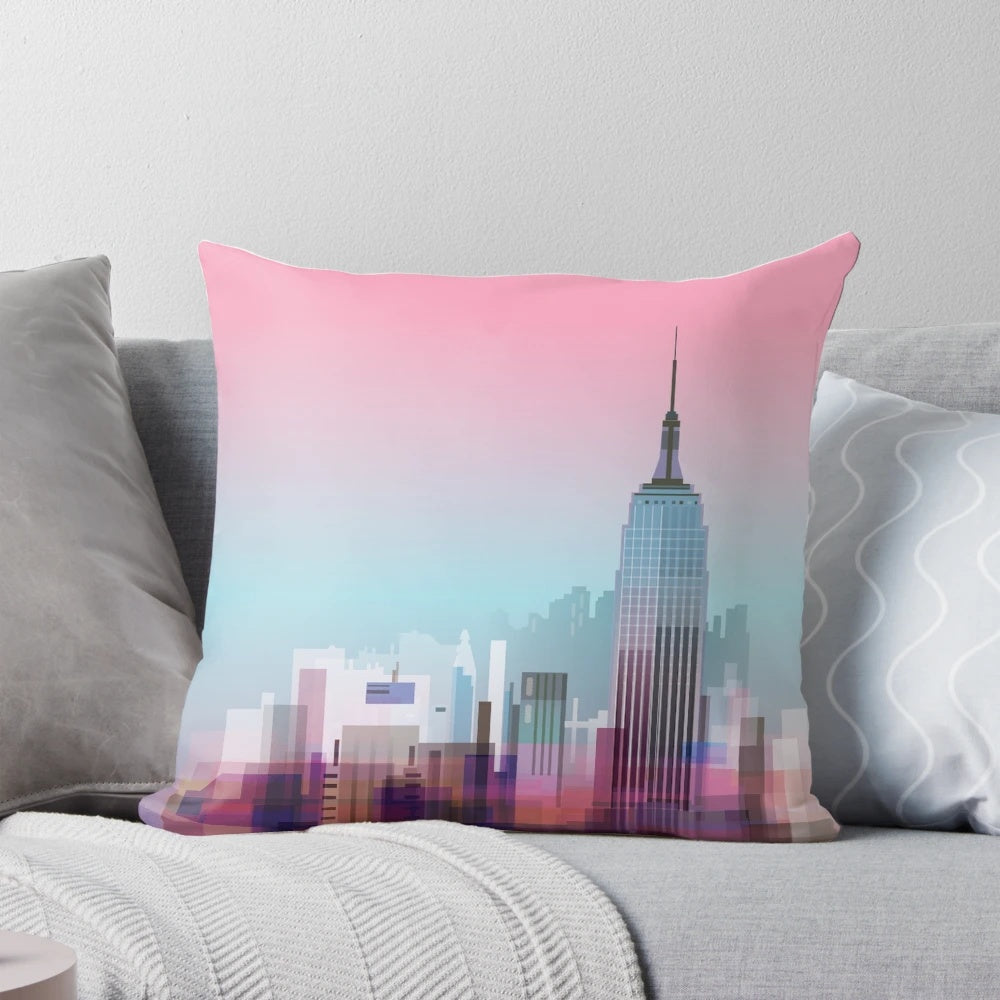 Colorful pillow featuring a vibrant landscape of New York City skyline