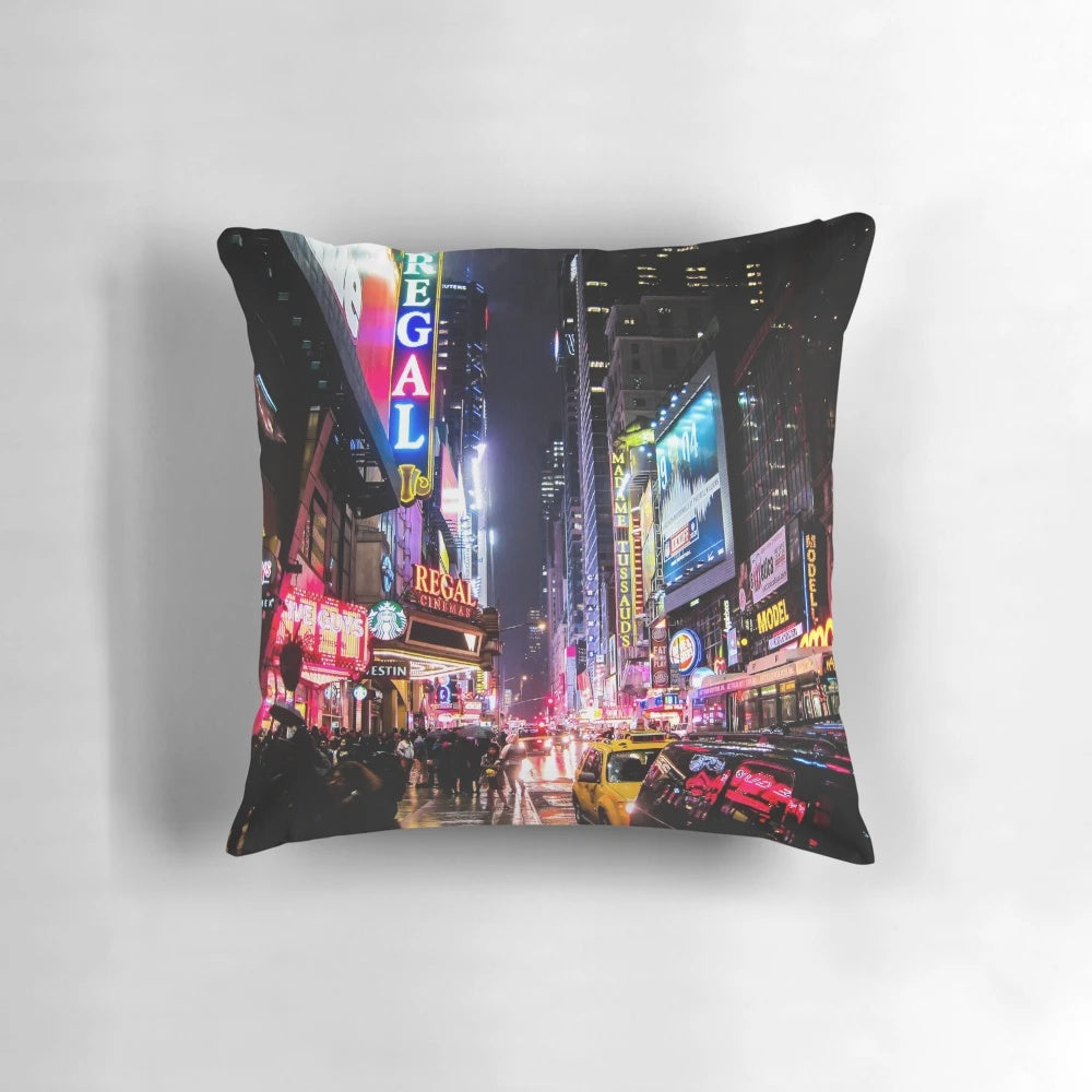 Pillow featuring a colorful and dynamic night skyline of New York City
