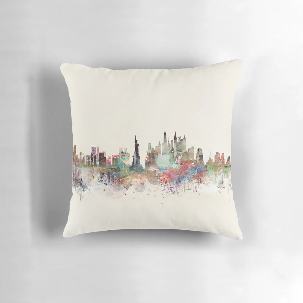 Colorful watercolor painting of the New York City skyline printed on a soft pillow