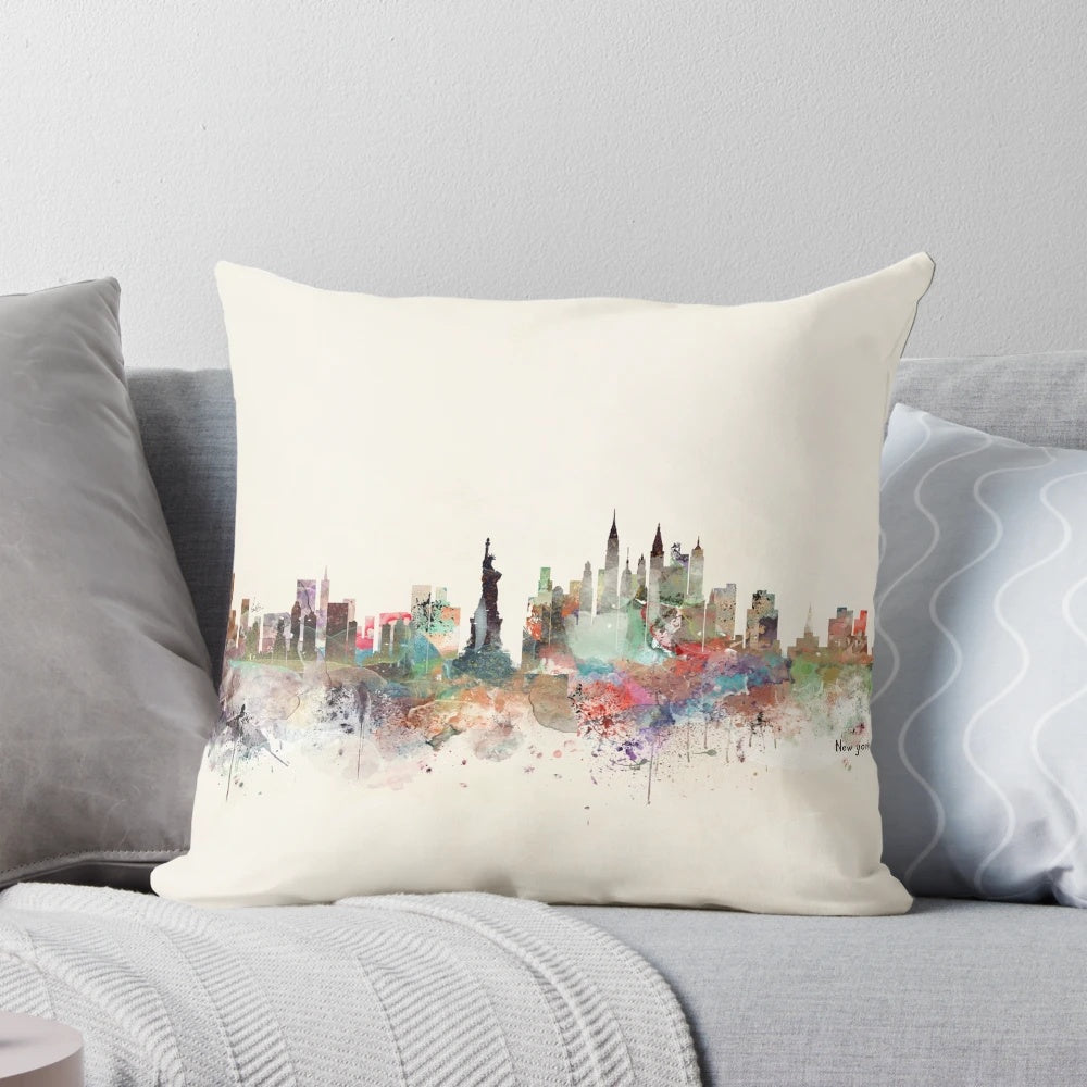 Colorful watercolor painting of the New York City skyline printed on a soft pillow