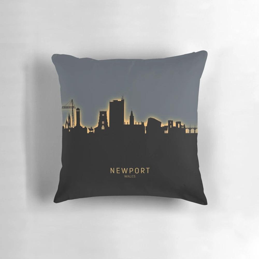 Striking orange and neon Newport, Wales cityscape pillow with glowing skyline design