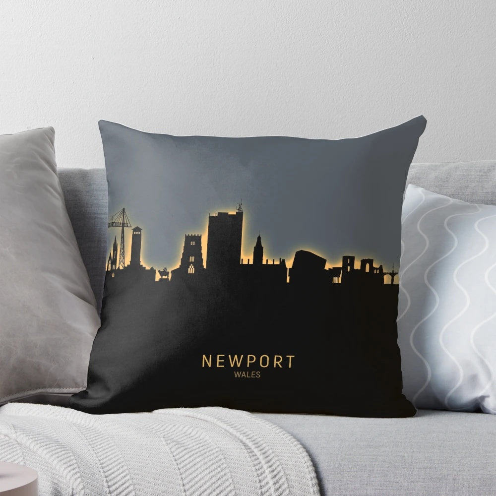 Striking orange and neon Newport, Wales cityscape pillow with glowing skyline design