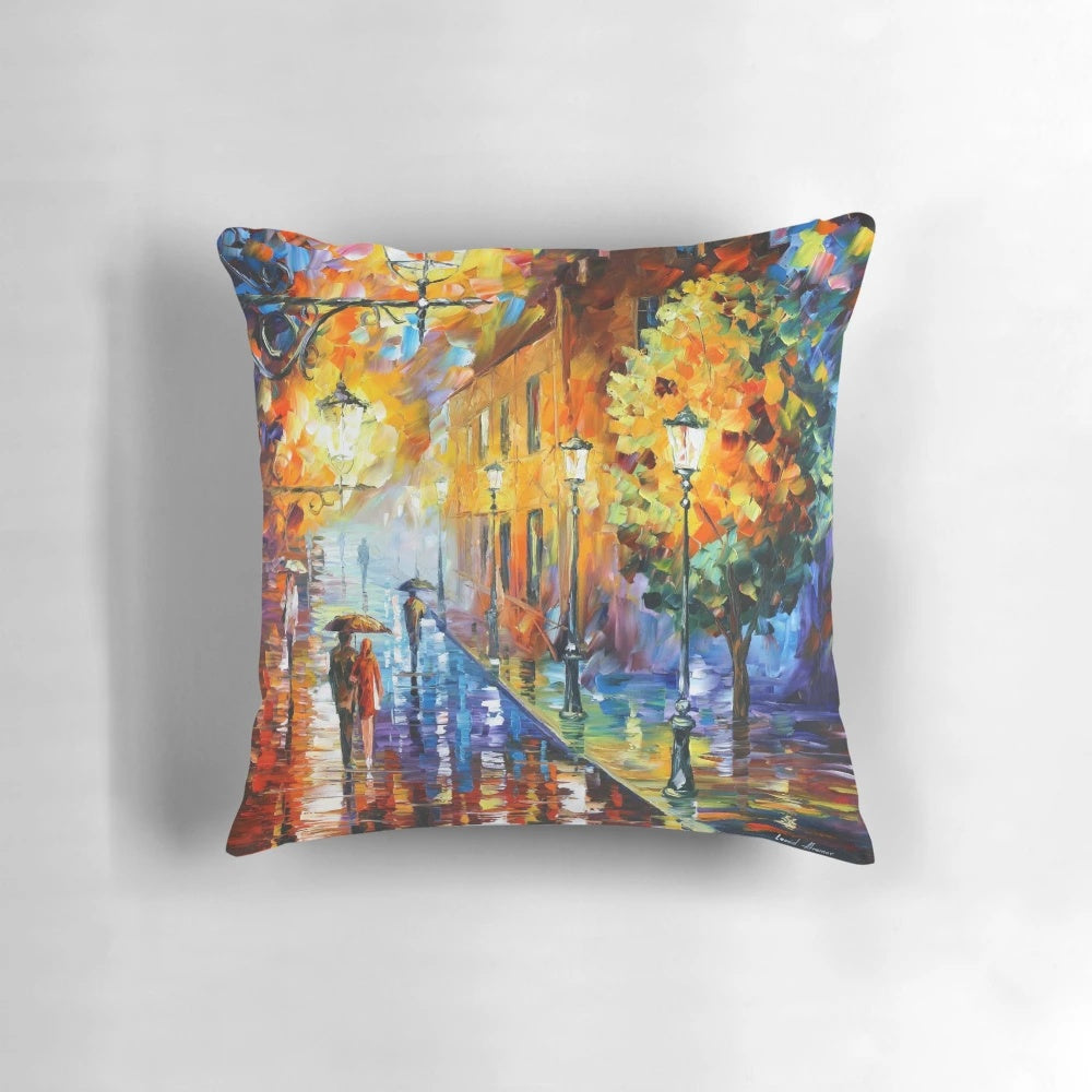 Pillow showcasing Leonid Afremov's vibrant painting of a rainy night city street scene with colorful lights and figures.
