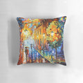 Pillow showcasing Leonid Afremov's vibrant painting of a rainy night city street scene with colorful lights and figures.