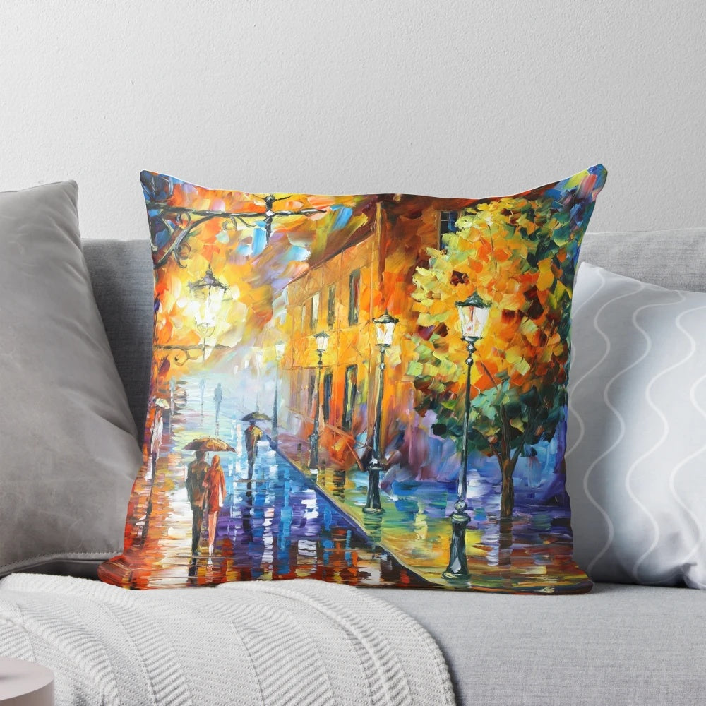 Pillow showcasing Leonid Afremov's vibrant painting of a rainy night city street scene with colorful lights and figures.