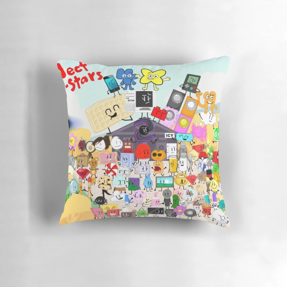 A colorful and whimsical poster pillow featuring characters from popular object show media.