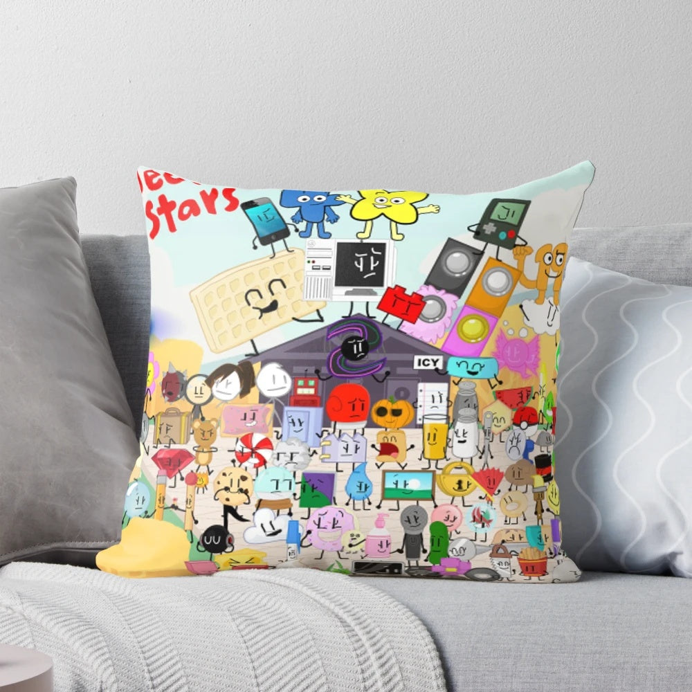 A colorful and whimsical poster pillow featuring characters from popular object show media.