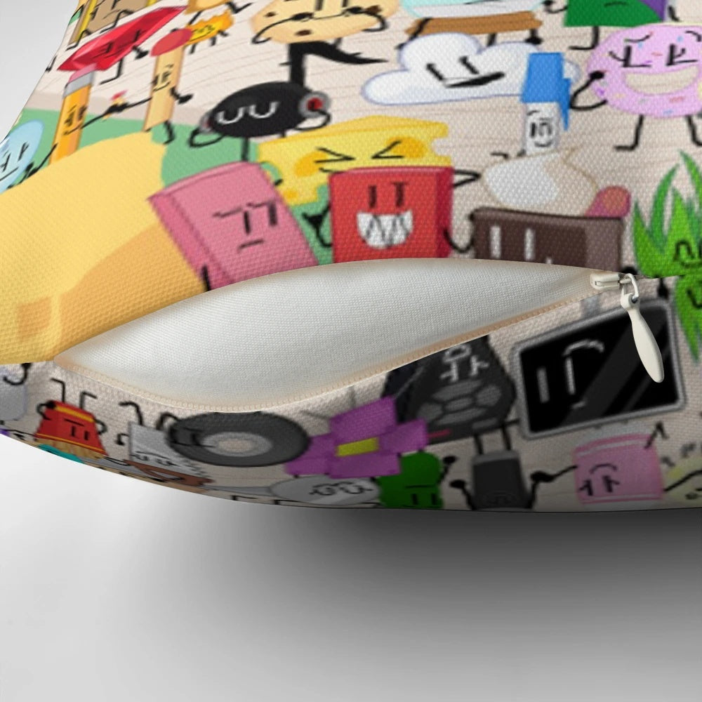 A colorful and whimsical poster pillow featuring characters from popular object show media.