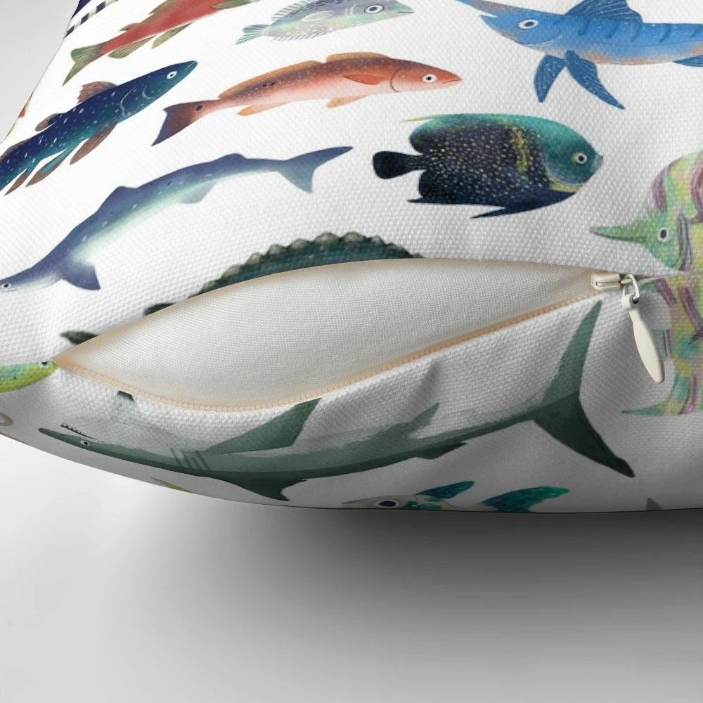 Colorful and lifelike fish pillow featuring a variety of marine creatures, including sharks and whale sharks.