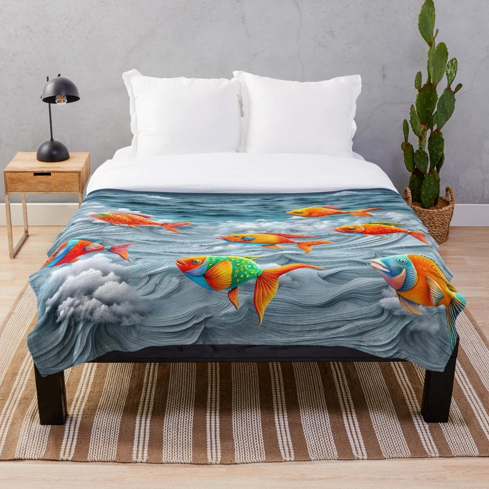 Colorful ocean life plush blanket with dolphin, whale, and seashell motifs