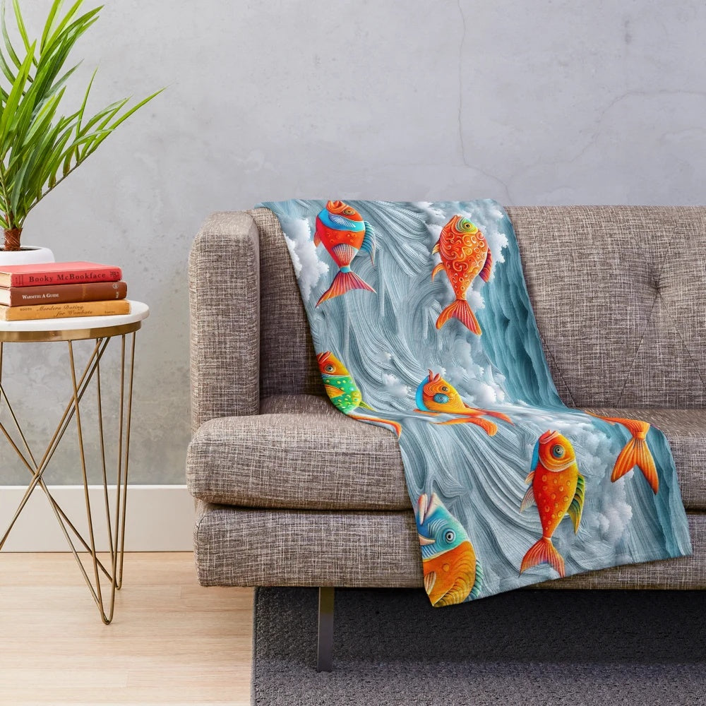 Colorful ocean life plush blanket with dolphin, whale, and seashell motifs
