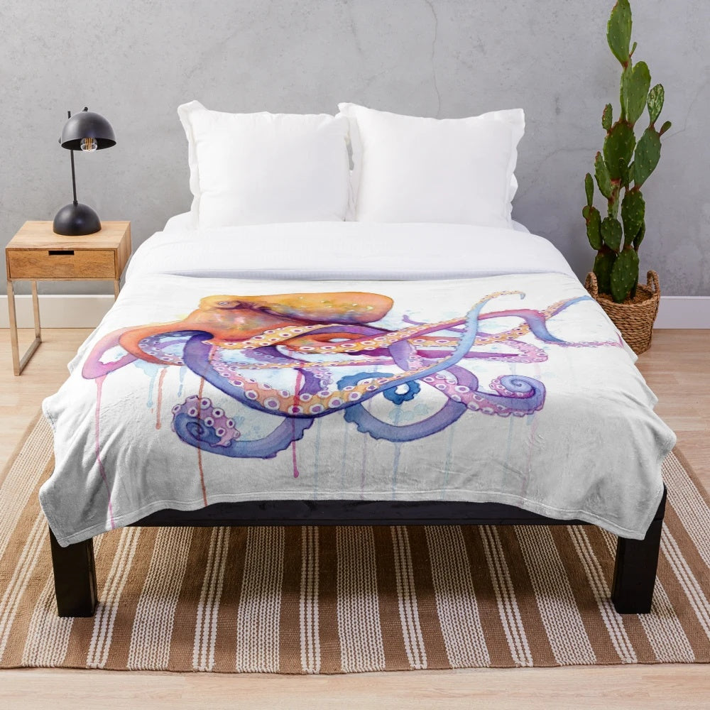 Colorful watercolor octopus plush blanket for bedroom or beach house