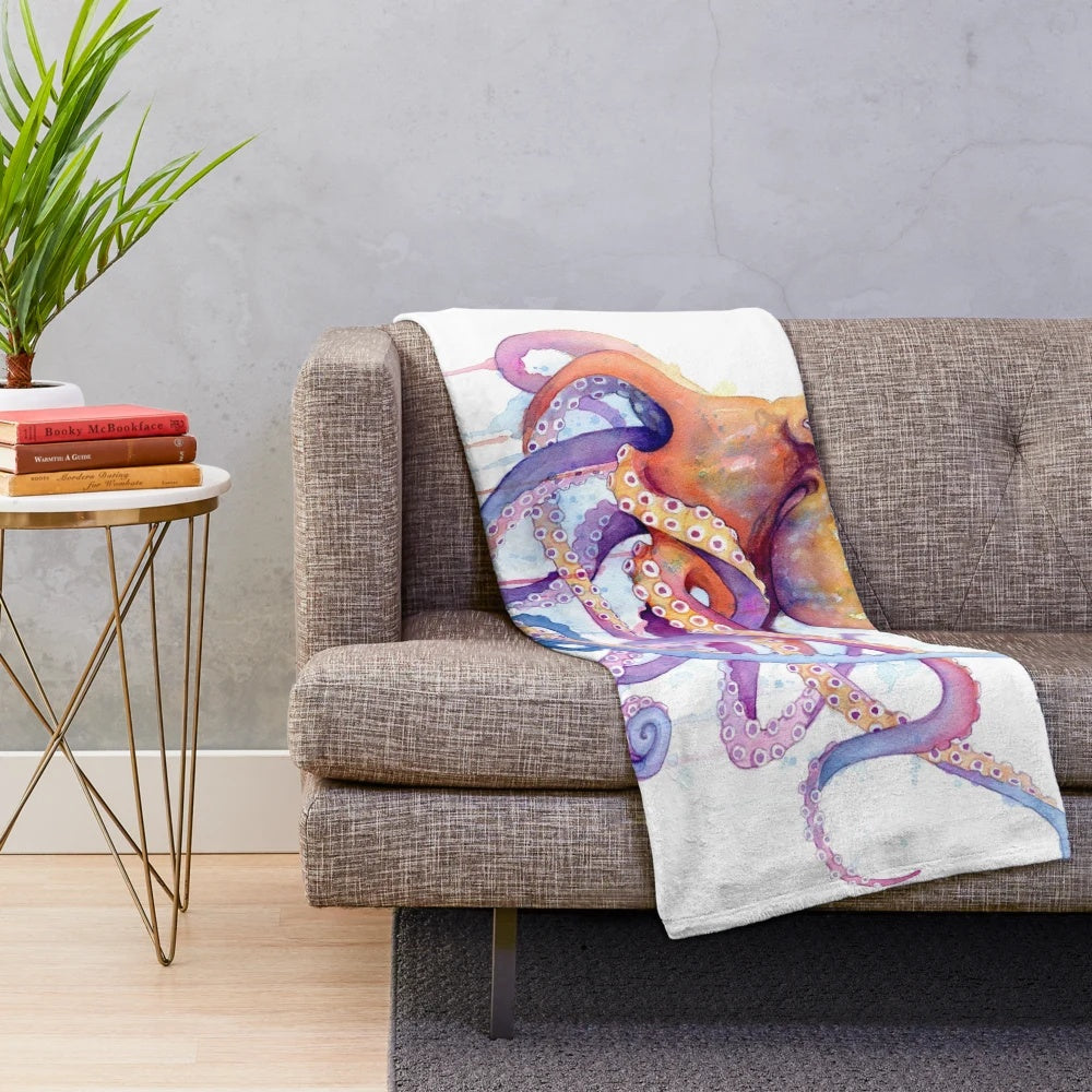 Colorful watercolor octopus plush blanket for bedroom or beach house