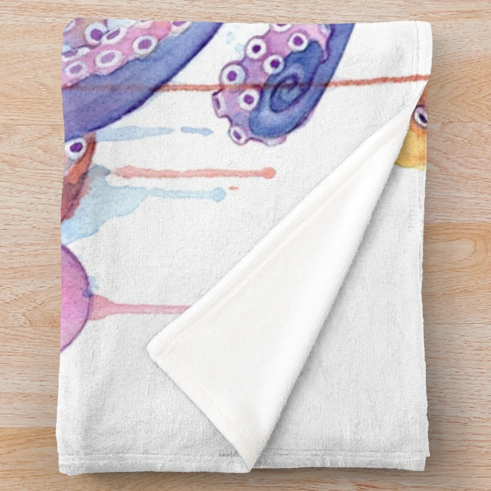Colorful watercolor octopus plush blanket for bedroom or beach house