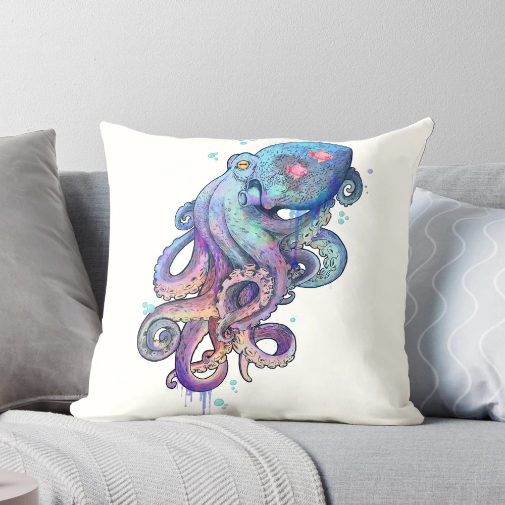 Colorful octopus-shaped pillow in watercolor shades of blue, pink, and purple