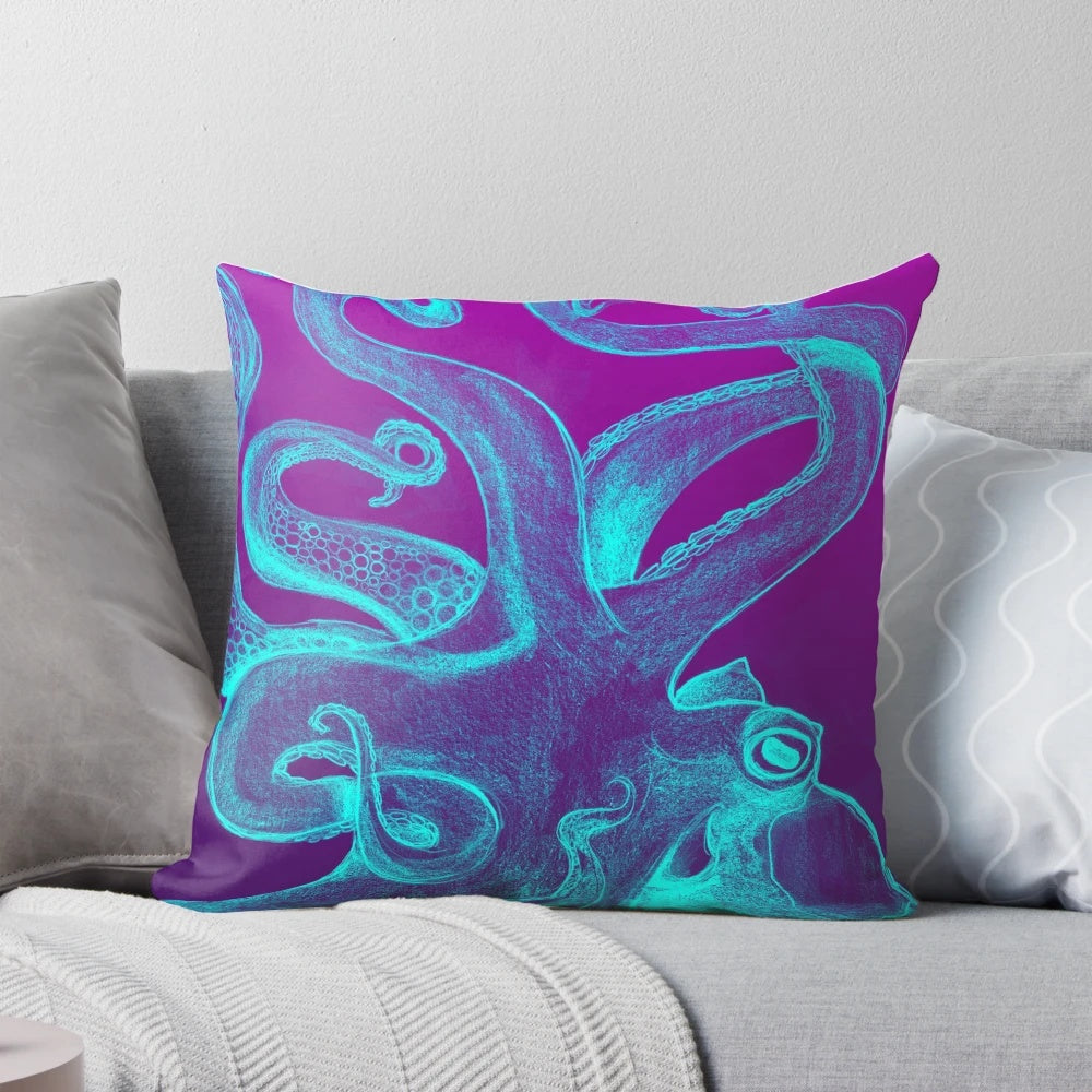 Colorful octopus-shaped pillow in blue and purple tones.