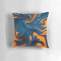 Closeup of a decorative pillow with an abstract oil painting-style pattern in shades of orange and blue.
