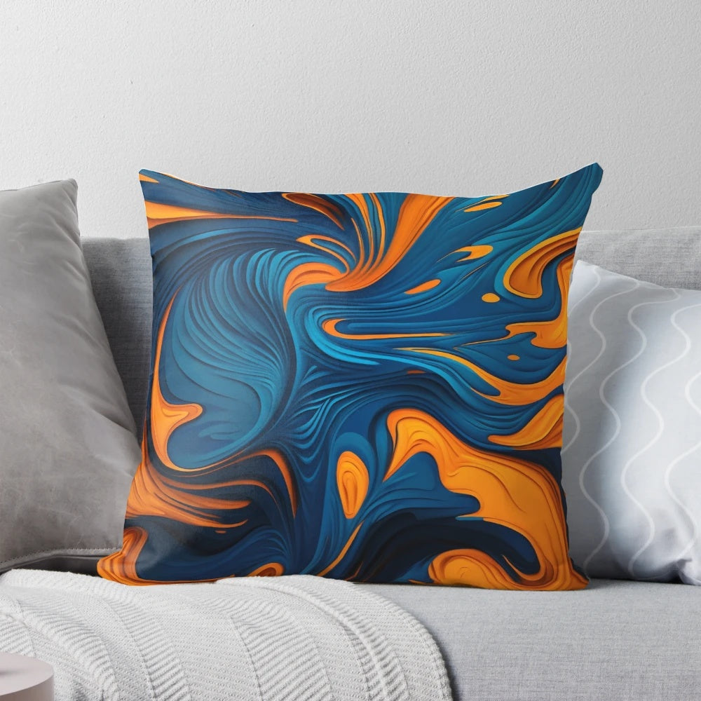 Closeup of a decorative pillow with an abstract oil painting-style pattern in shades of orange and blue.
