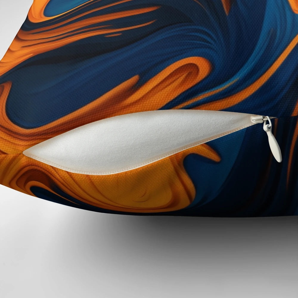 Closeup of a decorative pillow with an abstract oil painting-style pattern in shades of orange and blue.