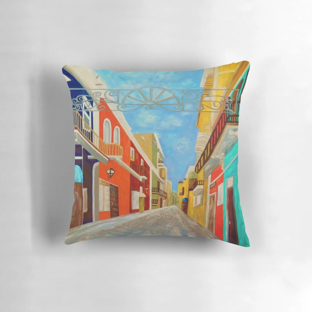 Colorful pillow featuring a scenic view of the historic streets of Old San Juan, Puerto Rico