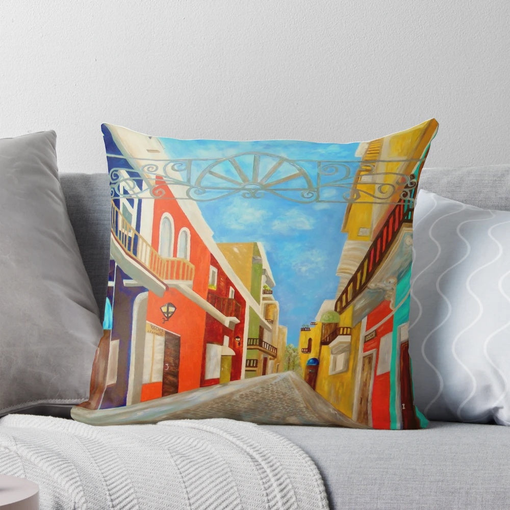 Colorful pillow featuring a scenic view of the historic streets of Old San Juan, Puerto Rico