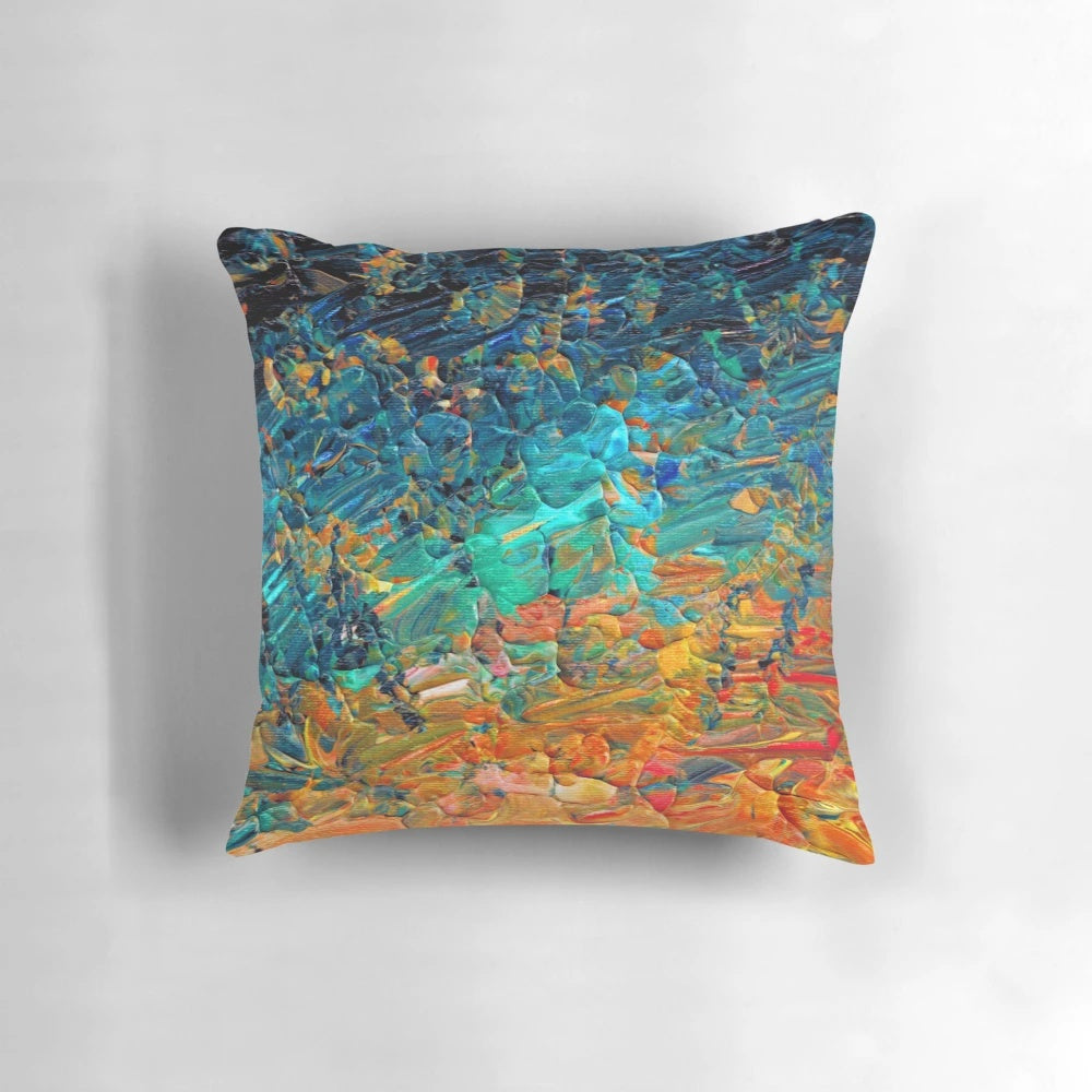 Colorful abstract art pillow featuring vibrant ombre waves and textural painted design