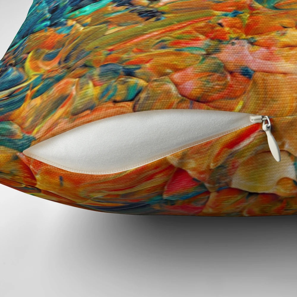 Colorful abstract art pillow featuring vibrant ombre waves and textural painted design