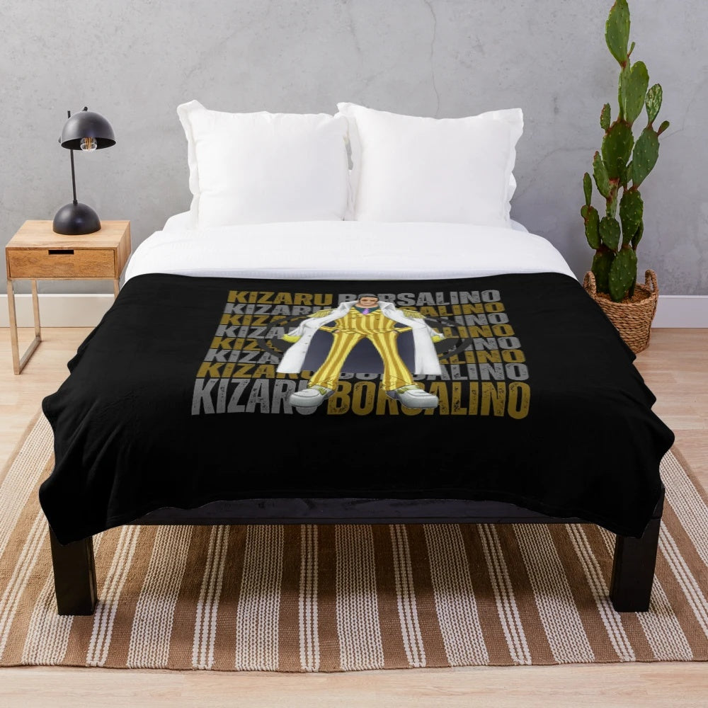 Plush blanket with abstract illustration of One Piece character Kizaru, the Marine admiral with light-based abilities