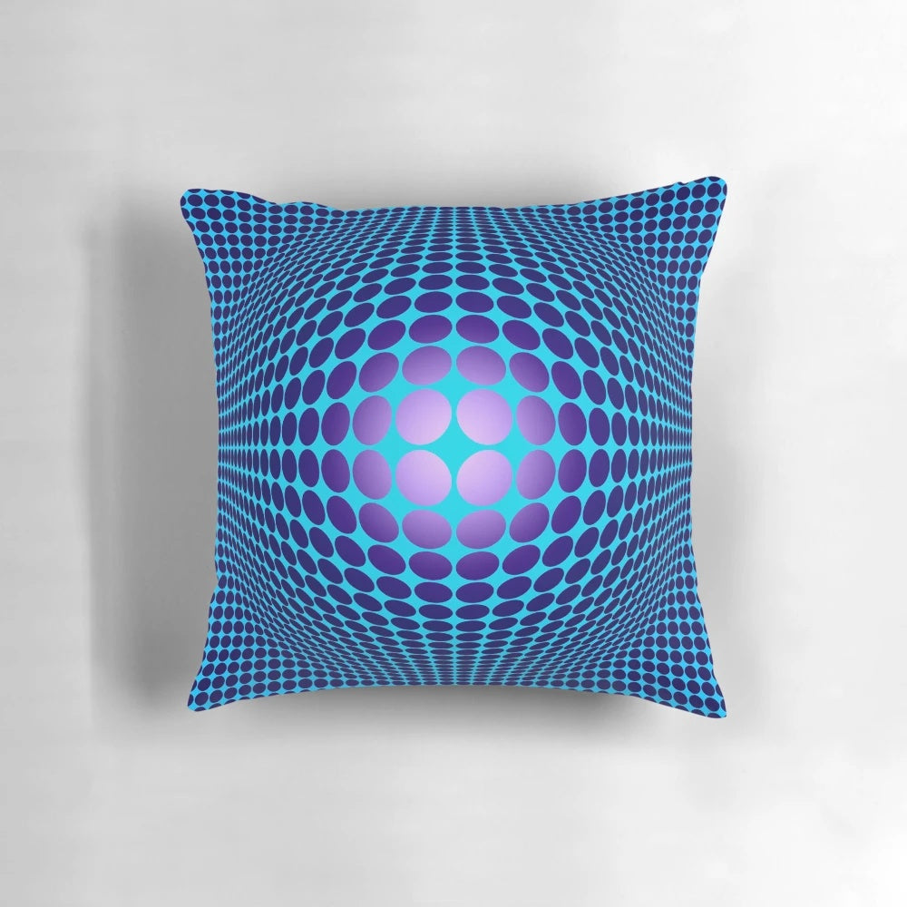 Vibrant op art pillow featuring a geometric abstract optical illusion design in red and orange tones.