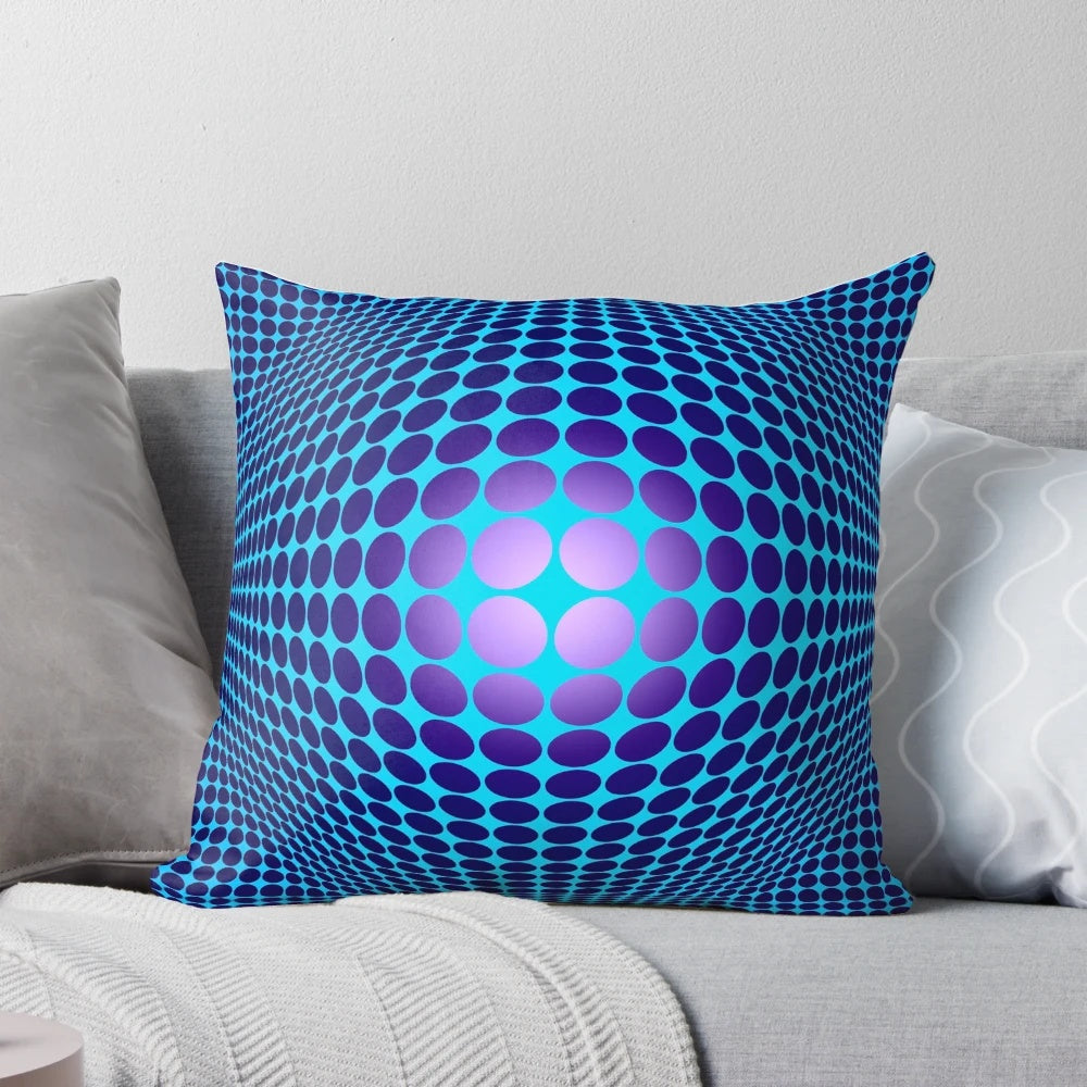 Vibrant op art pillow featuring a geometric abstract optical illusion design in red and orange tones.