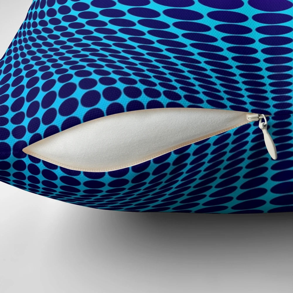 Vibrant op art pillow featuring a geometric abstract optical illusion design in red and orange tones.