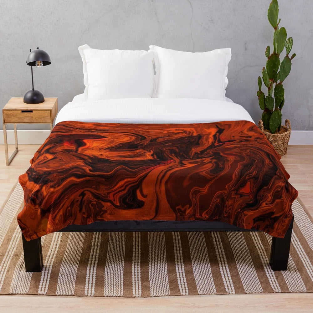 Orange and black fiery marble abstract plush blanket