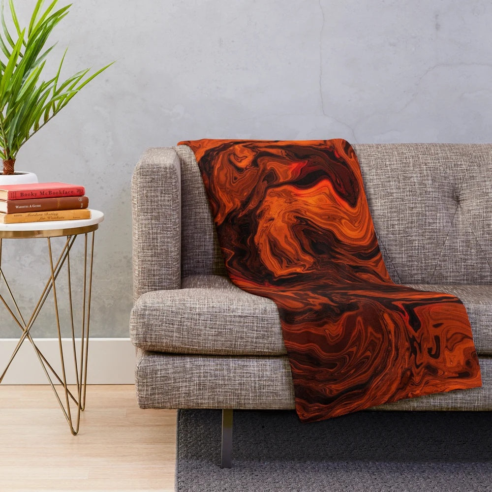 Orange and black fiery marble abstract plush blanket