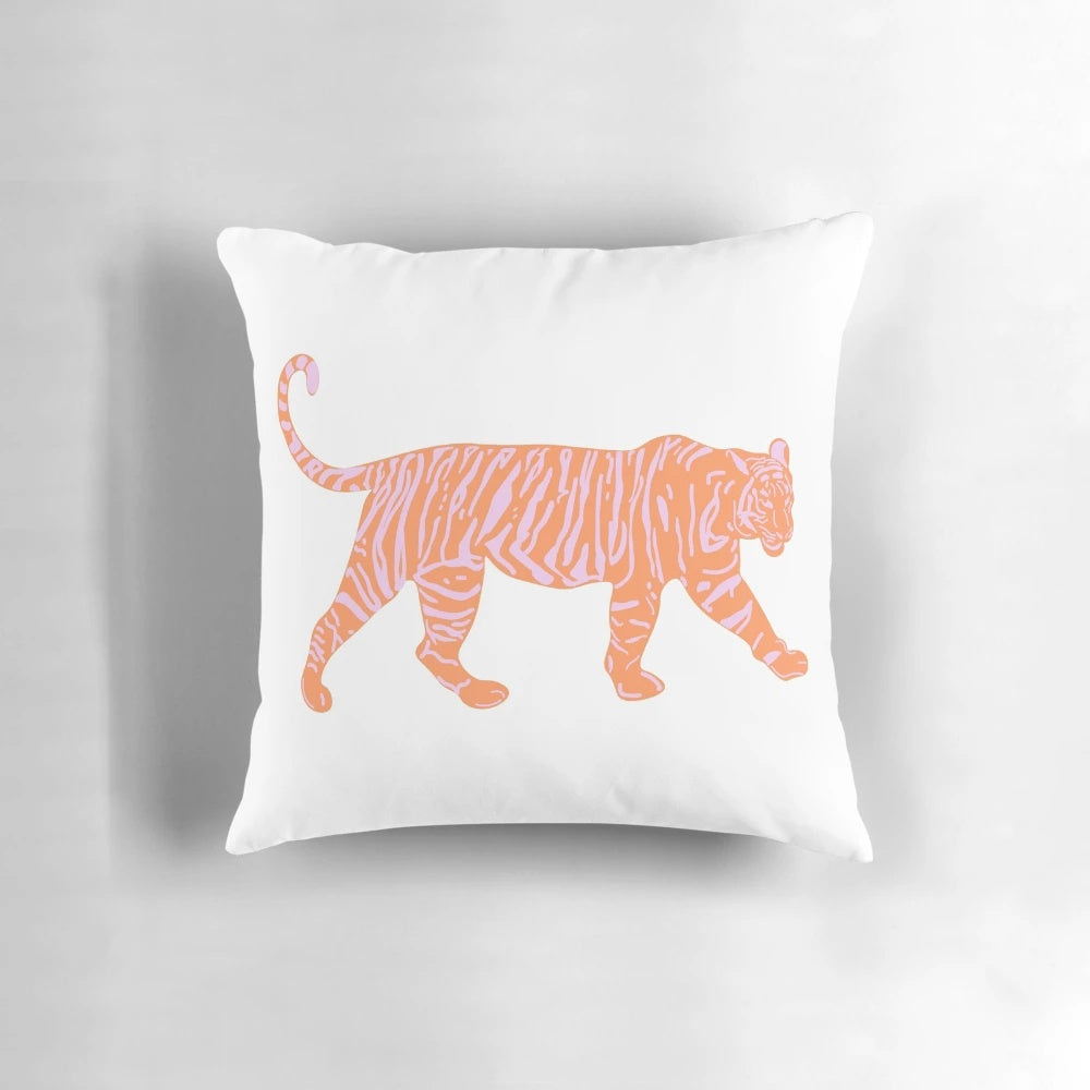 Colorful orange and pink tiger patterned decorative pillow for living room or bedroom
