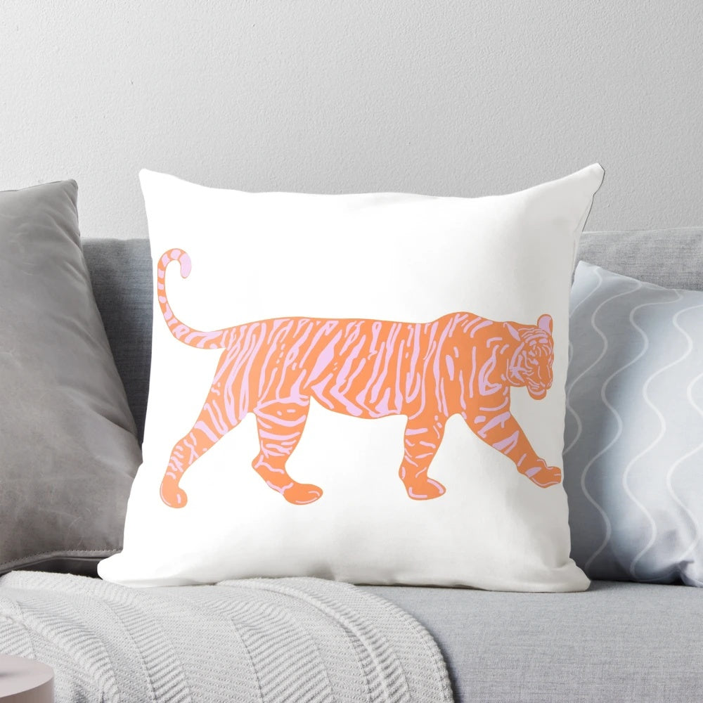 Colorful orange and pink tiger patterned decorative pillow for living room or bedroom