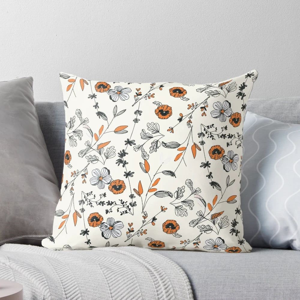 Orange and white floral pattern decorative throw pillow