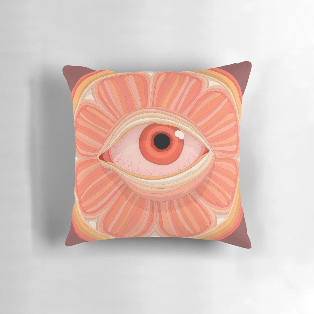 A vibrant orange pillow with a citrusy and fruity design, perfect for soothing bloodshot eyes.