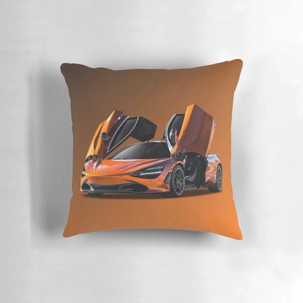 Vibrant orange pillow featuring a Mclaren P1 inspired formula 1 style graphic design.