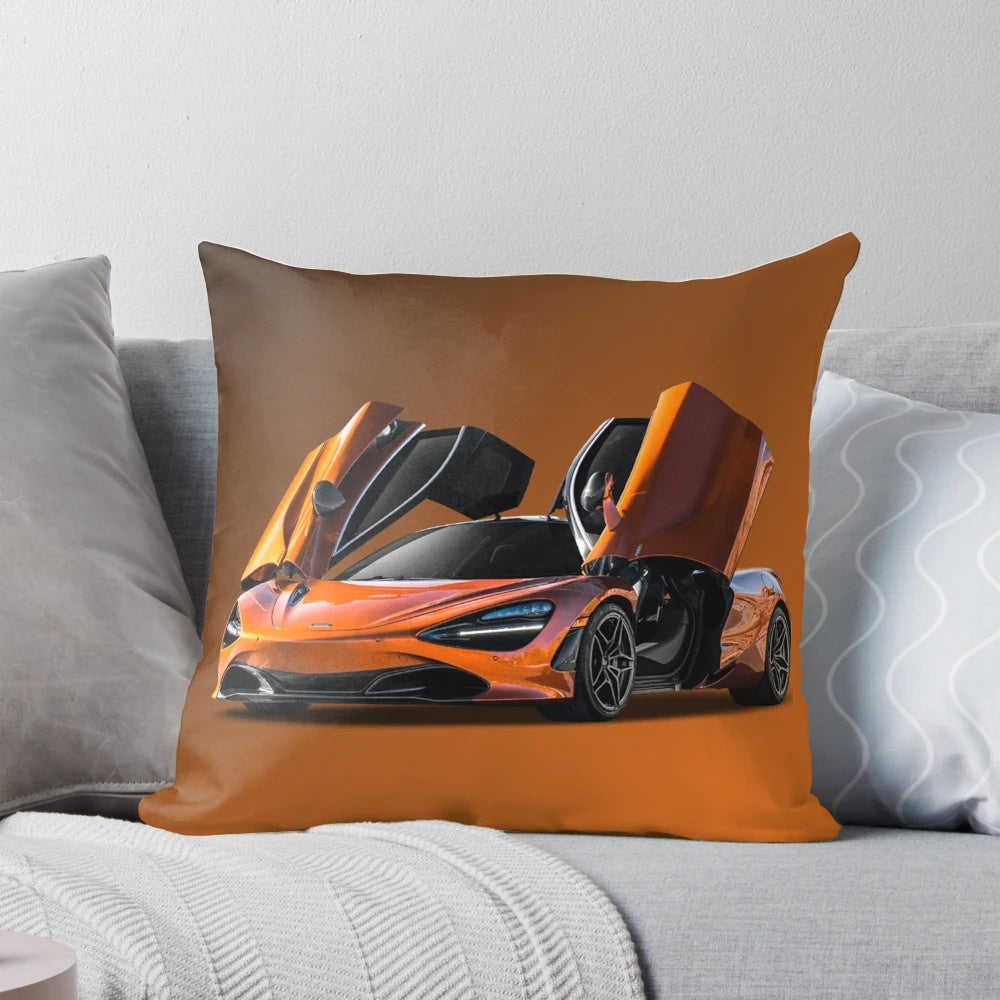 Vibrant orange pillow featuring a Mclaren P1 inspired formula 1 style graphic design.