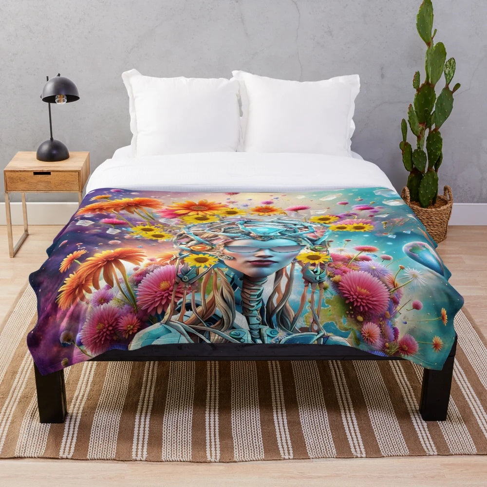 Organic machine-made plush blanket with cultural patterns and sci-fi fantasy designs