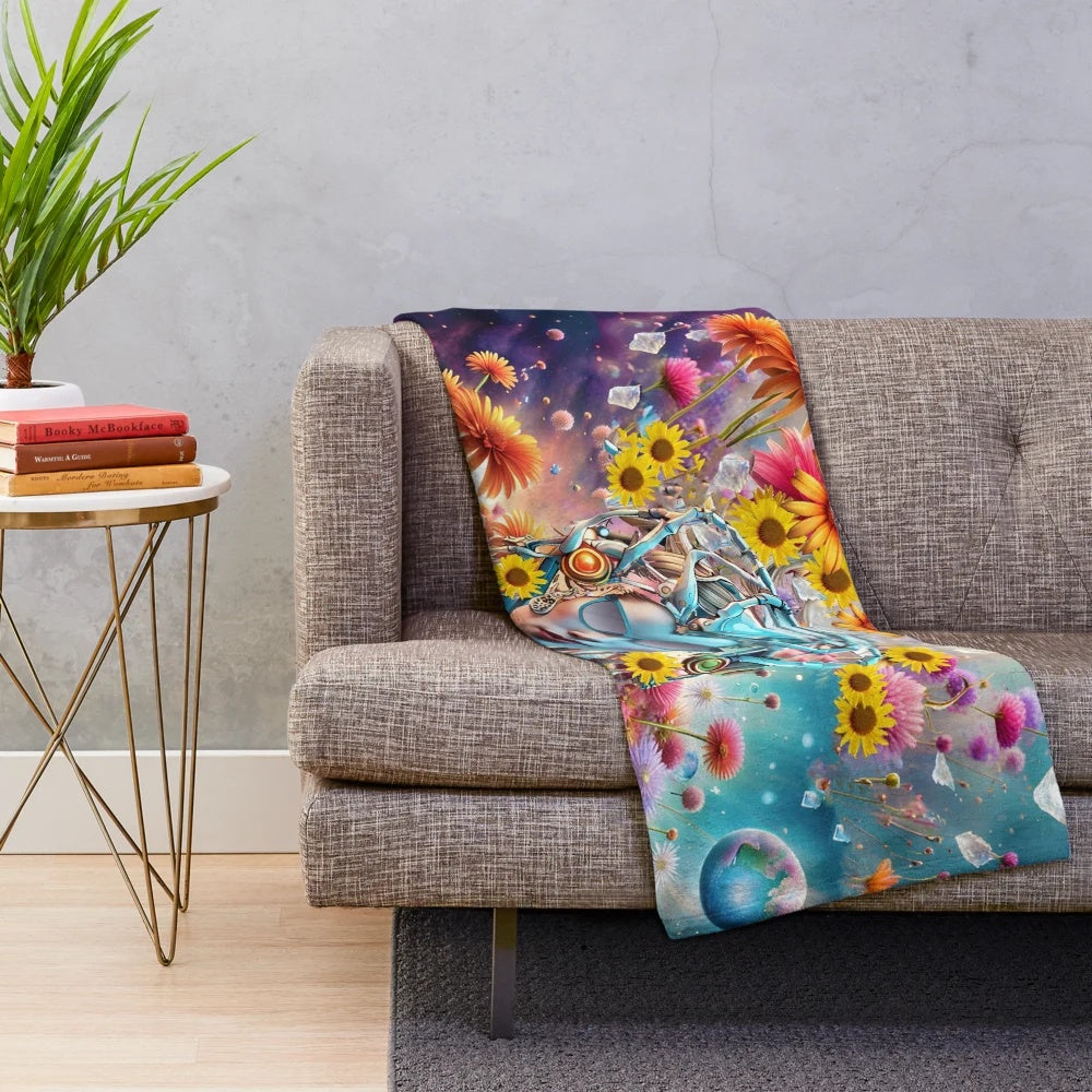 Organic machine-made plush blanket with cultural patterns and sci-fi fantasy designs
