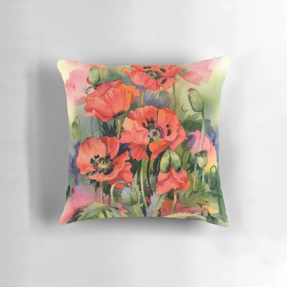 Colorful oriental poppies in a watercolor painting design on a decorative throw pillow