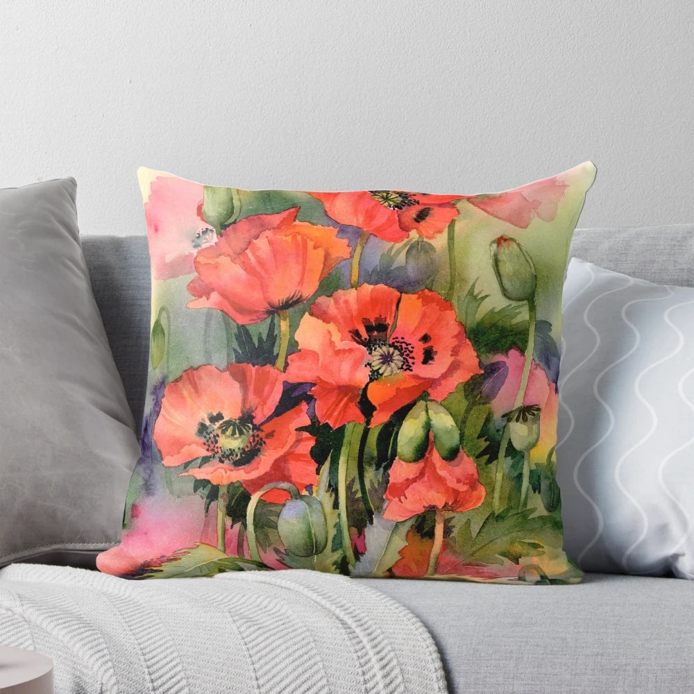 Colorful oriental poppies in a watercolor painting design on a decorative throw pillow