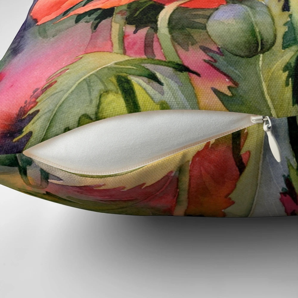 Colorful oriental poppies in a watercolor painting design on a decorative throw pillow