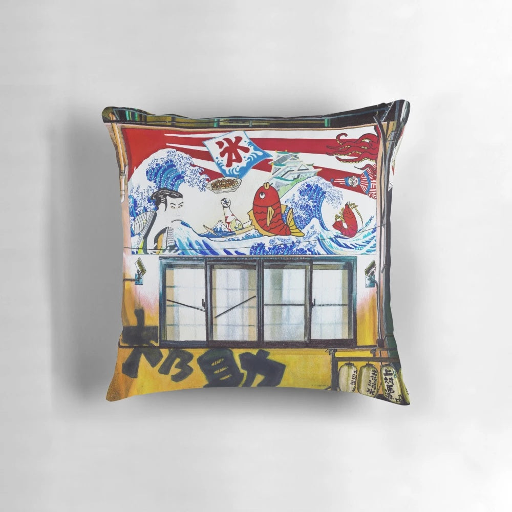 Realistic pillow design featuring a nighttime scene of an Osaka, Japan restaurant with seafood dining, anime-inspired artwork