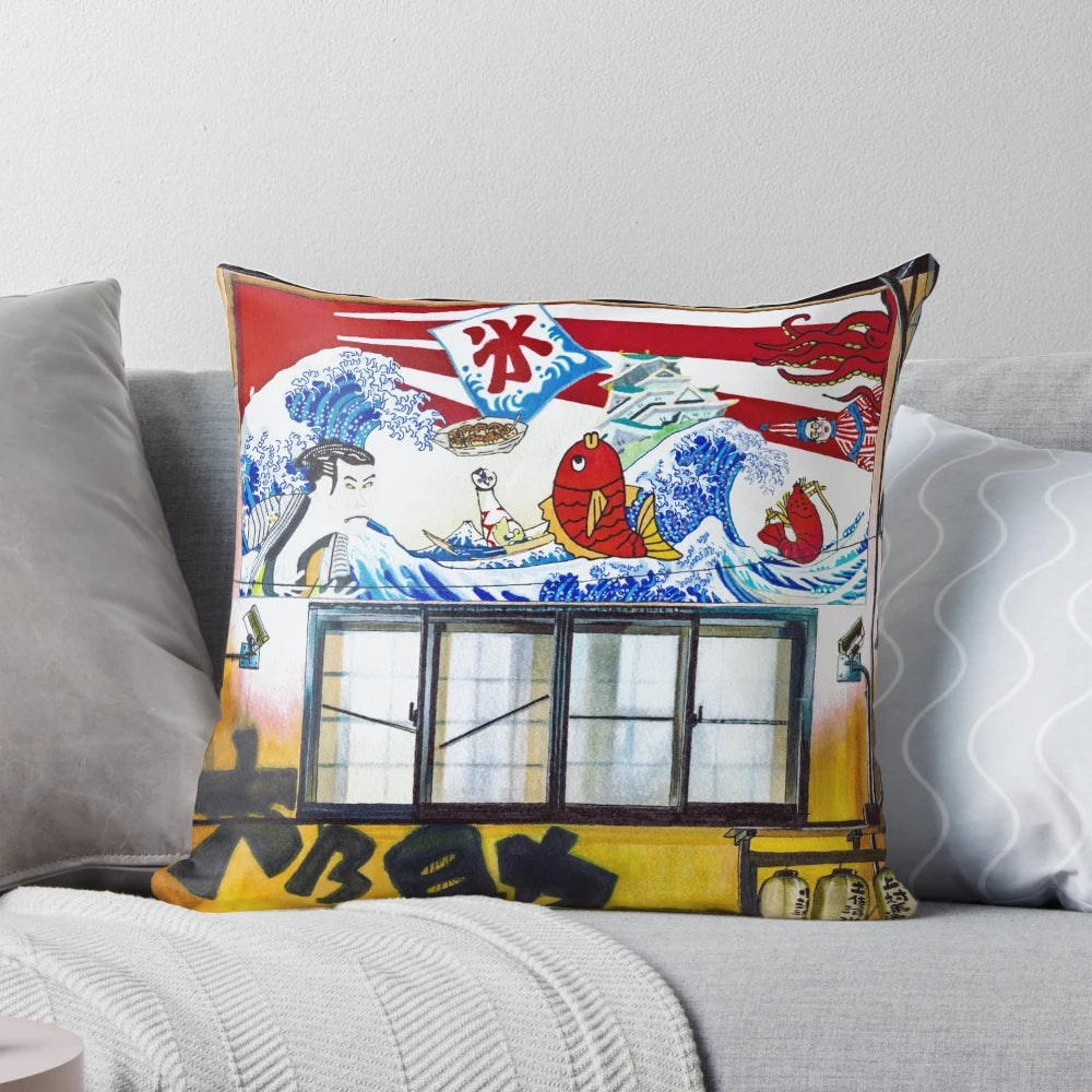 Realistic pillow design featuring a nighttime scene of an Osaka, Japan restaurant with seafood dining, anime-inspired artwork