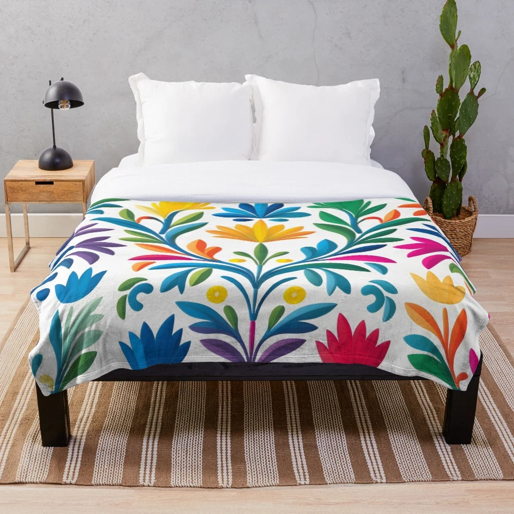 Otomi flowers plush blanket with colorful Mexican-inspired art